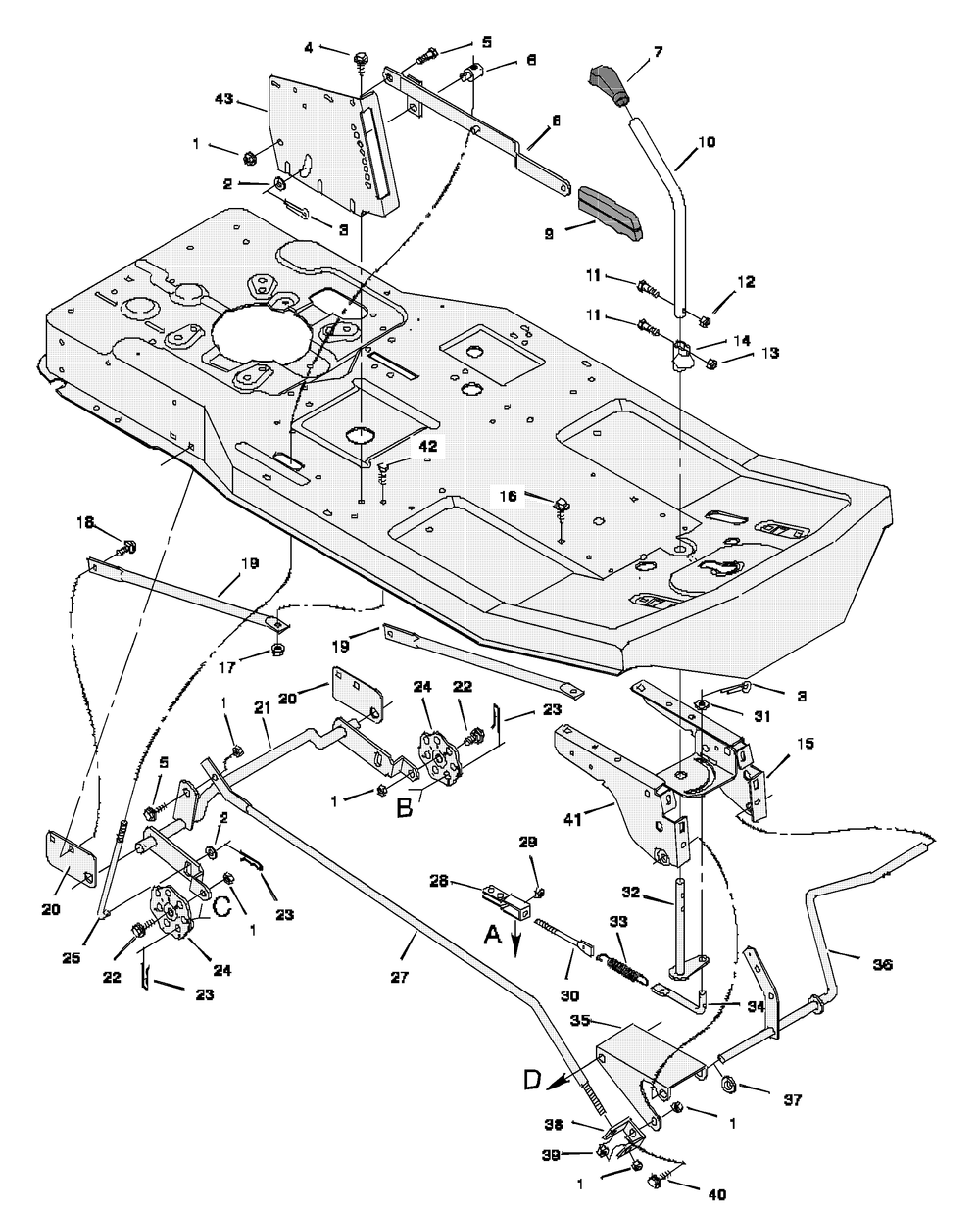 Mower Housing Suspension Diagram and Parts List for 30565A  Briggs and Stratton Lawn Tractor